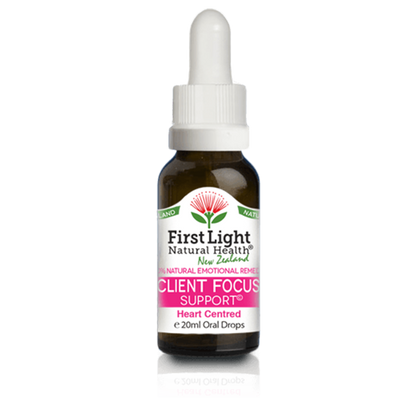 A supplement container of Client Focus Support (Heart Centred) 20ml by First Light Natural Health