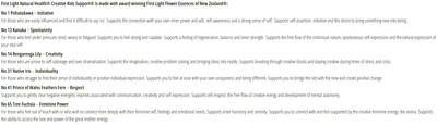 Supplement facts for Creative Kids Support (Inner Spark) 20ml listing ingredients including Kanuka Oil, Rengarenga Lily