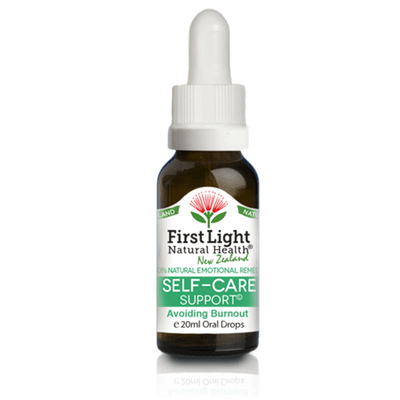 A supplement container of Self- Care Support (Avoiding Burnout) 20ml by First Light Natural Health