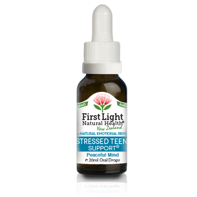 A supplement container of Stressed Teen Support (Peaceful Mind) 20ml by First Light Natural Health