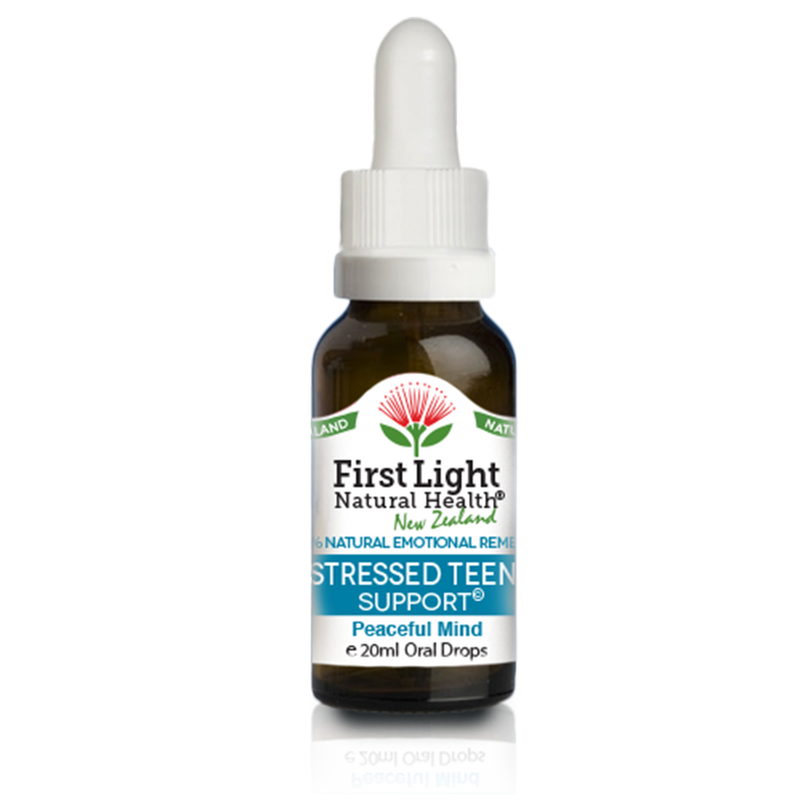 A supplement container of Stressed Teen Support (Peaceful Mind) 20ml by First Light Natural Health