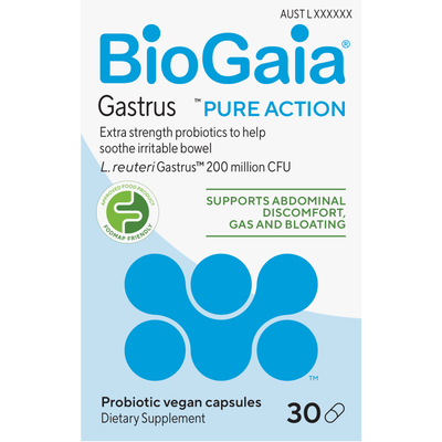 A supplement container of BioGaia Gastrus Pure Action, by BioGaia