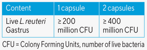 Supplement facts for BioGaia Gastrus Pure Action, listing ingredients including Limosilactobacillus reuteri