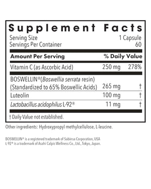 Supplement facts for Aller-Aid L-92 listing ingredients including Leucine (L-Leucine), Luteolin, Vitamin C (ascorbic acid)