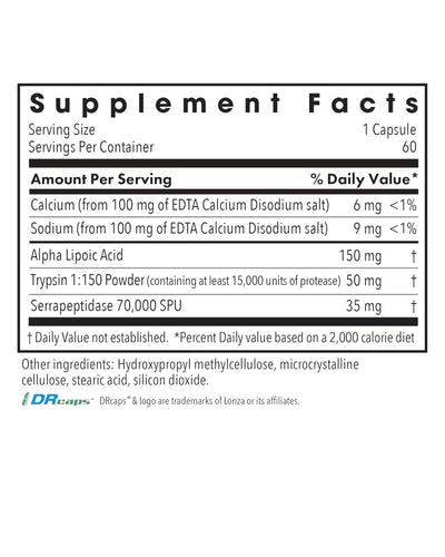 Supplement facts for Biofilm Neutralizer listing ingredients including Alpha Lipoic Acid, Calcium, EDTA, Sodium, Trypsin