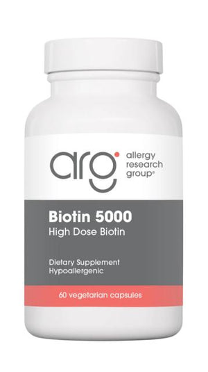 A supplement container of Biotin 5000 by Allergy Research Group