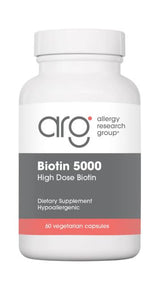 A supplement container of Biotin 5000 by Allergy Research Group