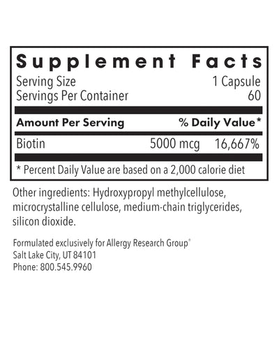 Supplement facts for Biotin 5000 listing ingredients including Biotin