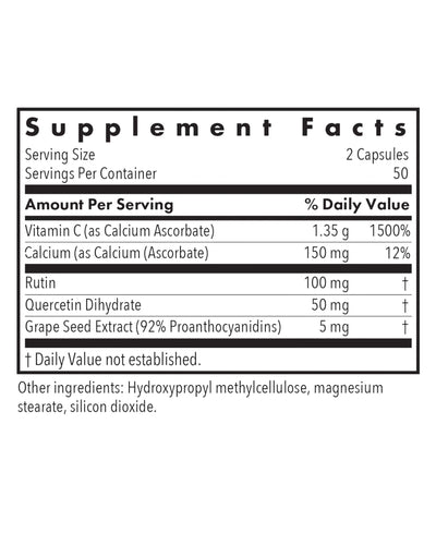 Supplement facts for Esterol Ester-C listing ingredients including Calcium ascorbate, Grape seed Extract, Quercetin dihydrate, Rutin, Vitamin C (calcium ascorbate)