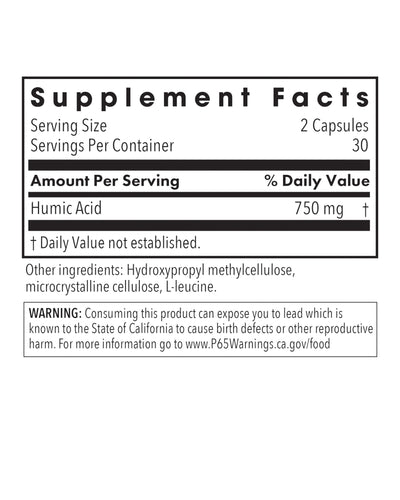 Supplement facts for Humic Acid listing ingredients including Humic acid