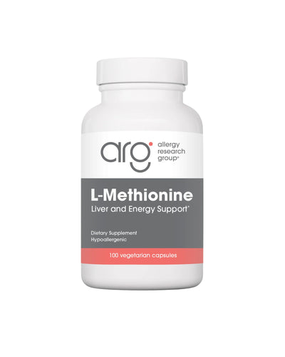 A supplement container of L Methionine 500Mg by Allergy Research Group