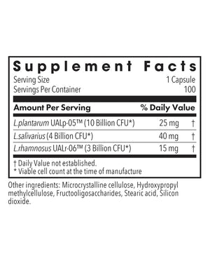Supplement facts for Lactobacillus listing ingredients including Lactobacillus plantarum, Lactobacillus rhamnosus, Lactobacillus salivarius