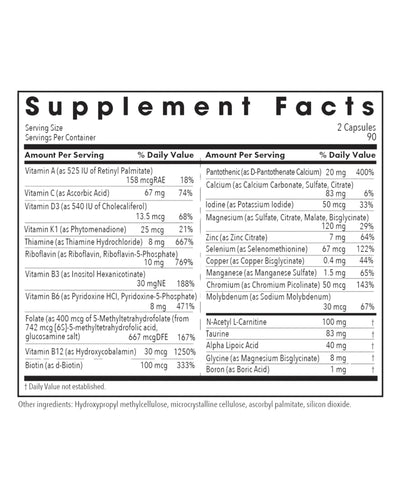 Supplement facts for MVM-A listing ingredients including Acetyl L-Carnitine, Alpha Lipoic Acid, Ascorbic Acid, Biotin, Calcium