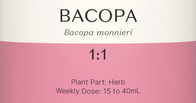 Supplement facts for Bacopa 1:1 listing ingredients including Bacopa Monnieri