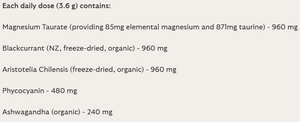 Supplement facts for Brain Complex listing ingredients including Ashwagandha, Black Currant Extract, Magnesium, Magnesium Taurate, Phycocyanin