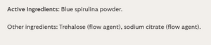 Supplement facts for Blue Spirulina listing ingredients including Spirulina (Arthrospira platensis)