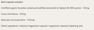Supplement facts for Fucoidan listing ingredients including Fucus vesiculosus, Iodine