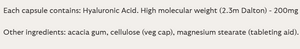 Supplement facts for Hyaluronic Acid listing ingredients including Hyaluronic Acid