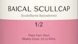 Supplement facts for Baical Scullcap 1:2 listing ingredients including Scutellaria Baicalensis
