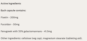 Supplement facts for Fisetin + Senolytic listing ingredients including Fenugreek, Trigonella foenum-graecum