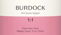 Supplement facts for Burdock 1:1 listing ingredients including Burdock extract