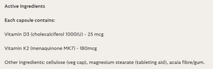 Supplement facts for Vitamin D3 K2 MK7 listing ingredients including Cholecalciferol, Vitamin D3, Vitamin D3 (cholecalciferol), Vitamin K2 (MK-7), Vitamin K2 (menaquinone)