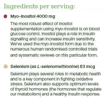 Supplement facts for Blood Sugar Balance listing ingredients including Inositol Myo, Selenium, Selenomethionine