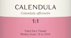 Supplement facts for Calendula 1:1 listing ingredients including Calendula Extract, Chamomile, Dahlia pinnata, Hops, Japanese pagoda tree (Sophora japonica)