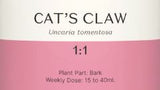 Supplement facts for Cat's Claw 1:1 listing ingredients including Cat's claw, Cat's claw (Uncaria tomentosa)