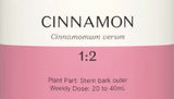 Supplement facts for Cinnamon 1:2 listing ingredients including Berberis vulgaris, Cinnamomum verum, Cinnamon, Pine Bark Extract (Pinus radiata), Salix Alba Bark Extract