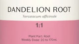 Supplement facts for Dandelion Root 1:1 listing ingredients including Dandelion (Taraxacum officinale), Dandelion extract, Taraxacum officinale