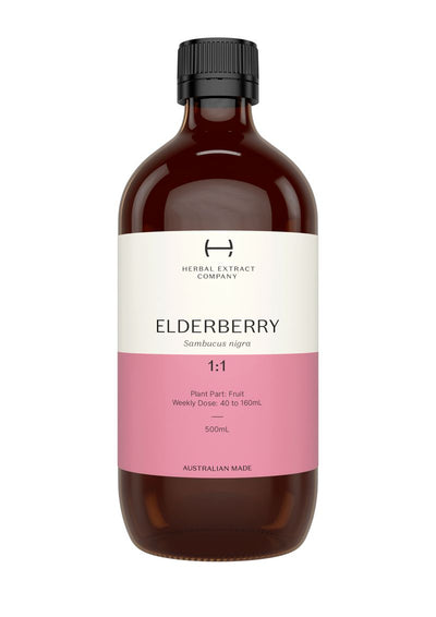A supplement container of Elderberry 1:1 by Herbal Extract Company