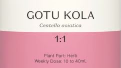 Supplement facts for Gotu Kola 1:1 listing ingredients including Centella Asiatica Gotu Kola, Gotu Kola