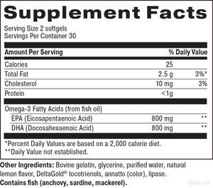 Supplement facts for Calm the Storm listing ingredients including DHA, Deltagold Tocotrienols Vitamin E, Docosahexaenoic acid, EPA, Eicosapentaenoic acid