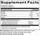 Supplement facts for Calm the Storm listing ingredients including DHA, Deltagold Tocotrienols Vitamin E, Docosahexaenoic acid, EPA, Eicosapentaenoic acid