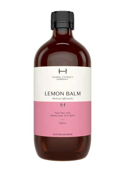 A supplement container of Lemon Balm 1:1 by Herbal Extract Company