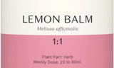 Supplement facts for Lemon Balm 1:1 listing ingredients including Lemon Balm Extract, Lemon extract, Melissa officinalis