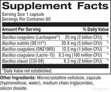 Supplement facts for Perfect Equilibrium listing ingredients including Bacillus Clausii, Bacillus Coagulans, Bacillus Subtilis, Bacillus coagulans MTCC 5856, Bacillus subtilis DE111