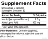 Supplement facts for Control Freak listing ingredients including Alpha Lipoic Acid, Inositol, Inositol D-Chiro, Inositol Myo
