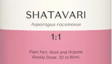 Supplement facts for Shatavari 1:1 listing ingredients including Asparagus racemosus, Shatavari (Asparagus racemosus)