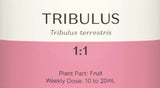 Supplement facts for Tribulus 1:1 listing ingredients including Tribulus (Tribulus terrestris), Tribulus fruit extract (Tribulus terrestris)