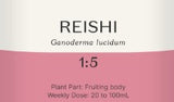 Supplement facts for Reishi 1:5 listing ingredients including Ganoderma Lucidum, Reishi, Reishi (Ganoderma lucidum)