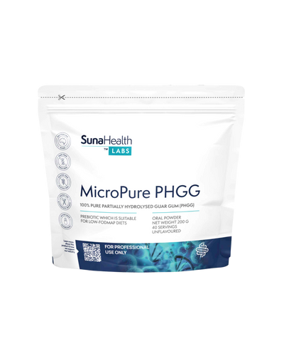 A supplement container of MicroPure PHGG 200g by SunaHealth Labs