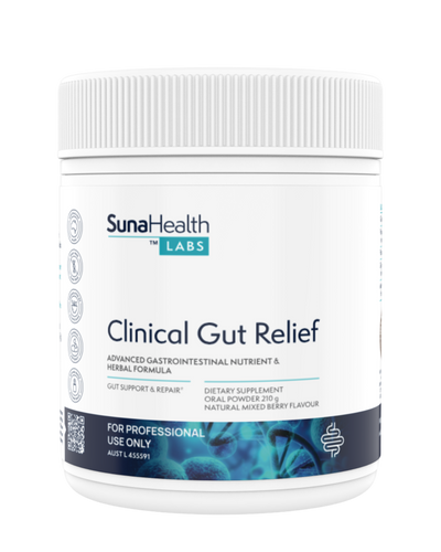 A supplement container of Clinical Gut Relief Mixed Berry by SunaHealth Labs