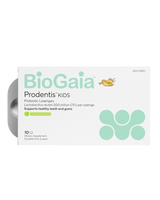 Supplement facts for BioGaia Prodentis Kids Apple, listing ingredients including Lactobacillus Reuteri