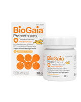 Supplement facts for BioGaia Protectis Kids Chewable, listing ingredients including Cholecalciferol, Lactobacillus Reuteri, Vitamin D, Vitamin D3