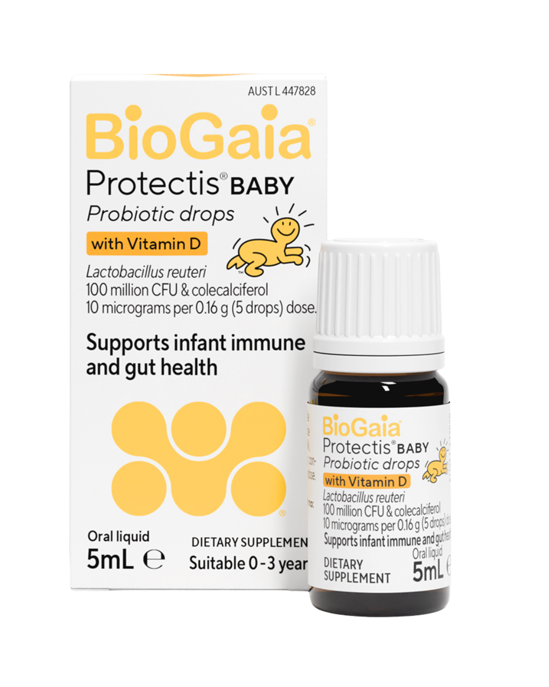 A supplement container of BioGaia Protectis Baby Drops with Vitamin D by BioGaia