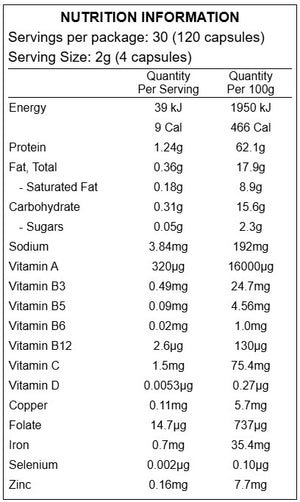 Supplement facts for Beef Liver, Heart & Kidney 120caps listing ingredients including  Alpha-casozepine, Beef, Bone broth, Bovine Collagen Peptides, Copper
