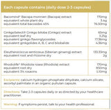 Supplement facts for Memory & Energy Support listing ingredients including Bacopa Monnieri, Eleutherococcus Senitcosus, Gingko biloba, Ginkgo Biloba, Ginkgoheterosides