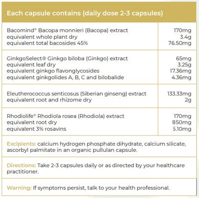 Supplement facts for Memory & Energy Support listing ingredients including Bacopa Monnieri, Eleutherococcus Senitcosus, Gingko biloba, Ginkgo Biloba, Ginkgoheterosides